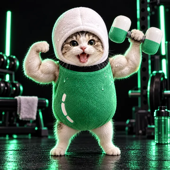 The cat flexing with a pill dumbbell